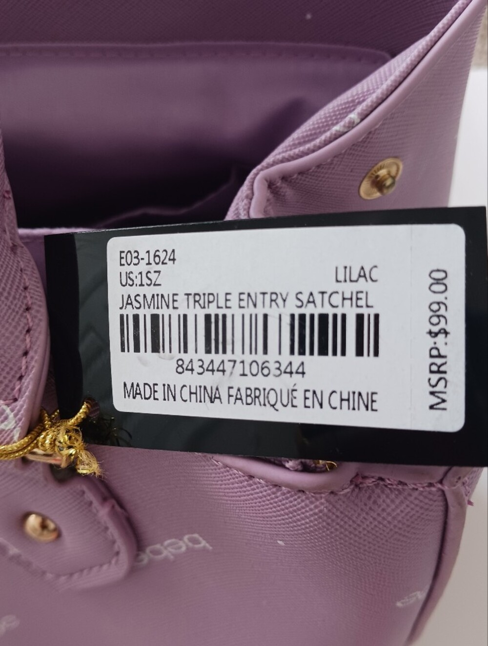 NWT bebe Jasmine Triple Entry Lilac Women's Large Satchel - Picture 9 of 11